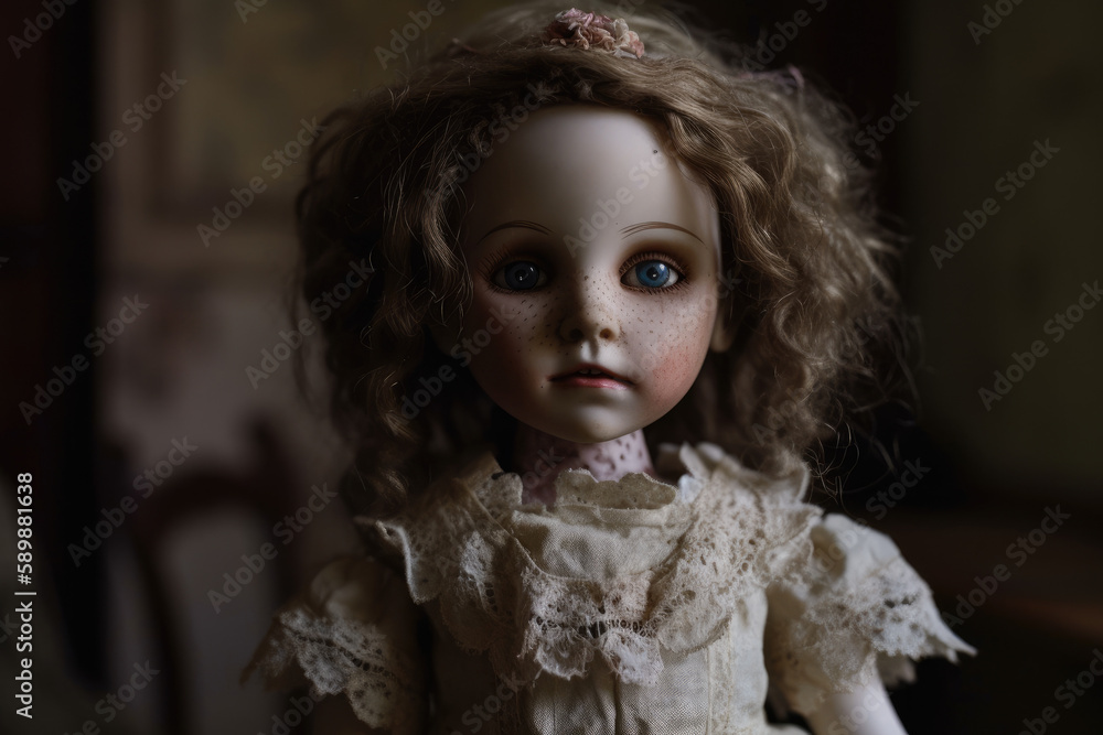 Fototapeta premium Creepy portrait of a doll created with AI