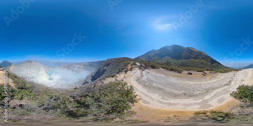 vr 360 mountain landscape with crater acid lake Kawah Ijen where sulfur is mined. Sulfur gas, smoke. Indonesia, Jawa photo