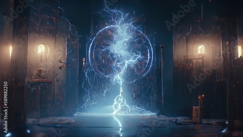 Electric Portal: Tesla Coil Lightning Charge Illuminates the Wizard's Power