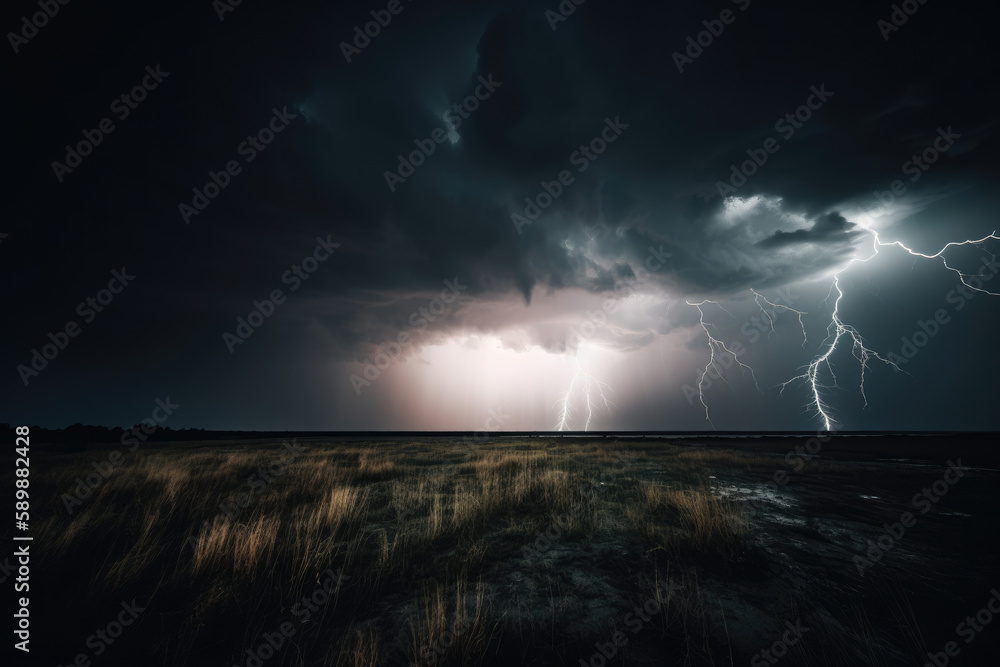Stormy night sky with lightning and dark clouds created with AI Stormy night sky with lightning and dark clouds created with AI