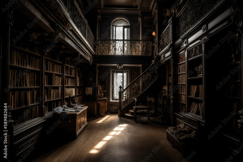 Dimly lit library with shadows and hidden corners, suggesting a sense of adventure and intrigue created with AI