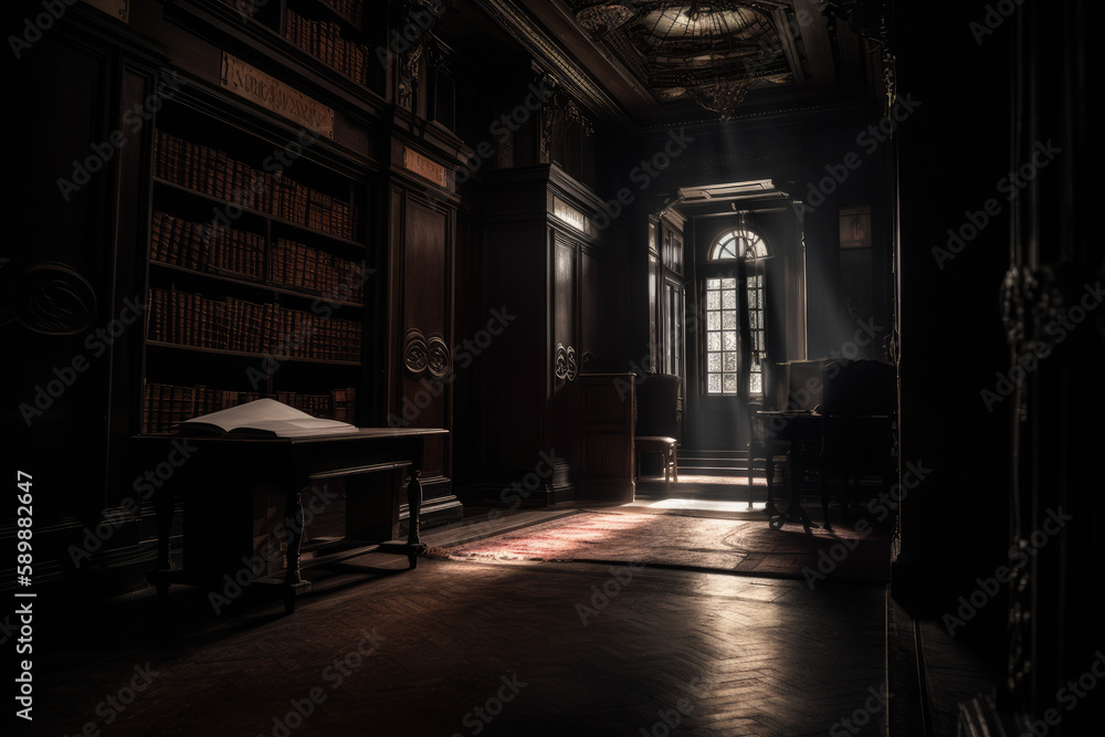 Dimly lit library with shadows and hidden corners, suggesting a sense of adventure and intrigue created with AI Dimly lit library with shadows and hidden corners, suggesting a sense of adventure and intrigue created with AI