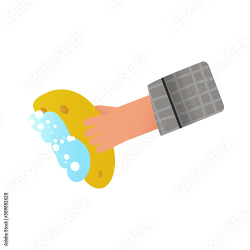 Hand with yellow washcloth with foam and bubbles.