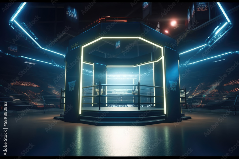 Cage fight arena with entry doorway. Interior view of fighting arena ...