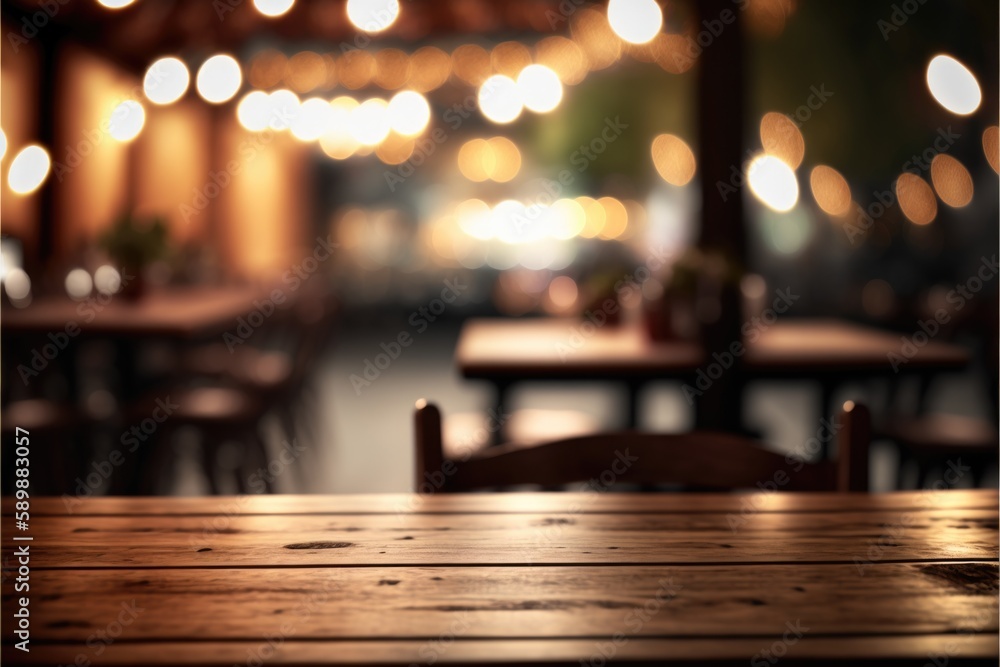 Abstractly Blurred Restaurant Scene with Wooden Table as Focal Point