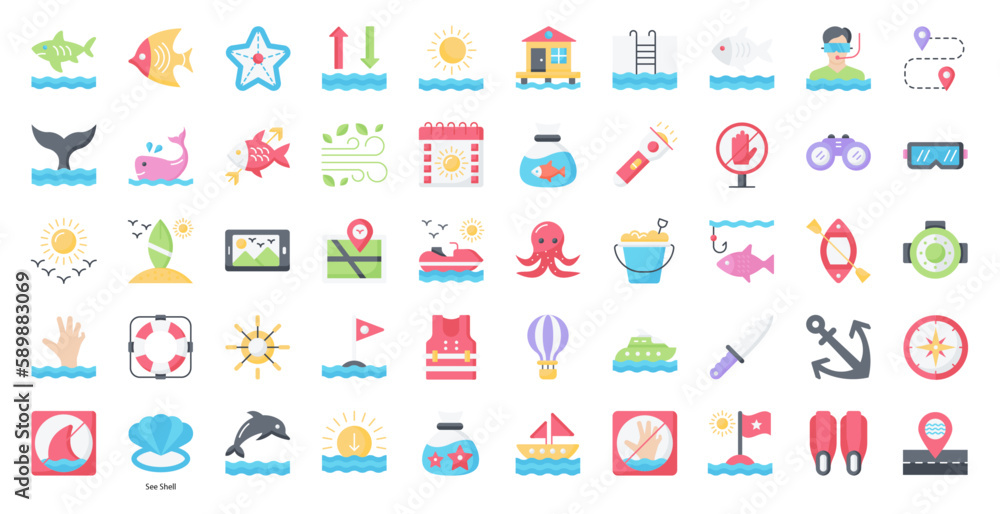Sea Life Flat Icons Fish Octopus Icon Set in Color Style 50 Vector Icons Sea Life Flat Icons Fish Octopus Icon Set in Color Style 50 Vector Icons