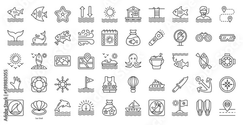 Sea Life Thin Line Icons Fish Octopus Icon Set in Outline Style 50 Vector Icons in Black