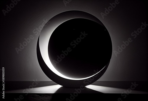 A circular lamp creating an impression of a total eclipse in darkness. Generative AI