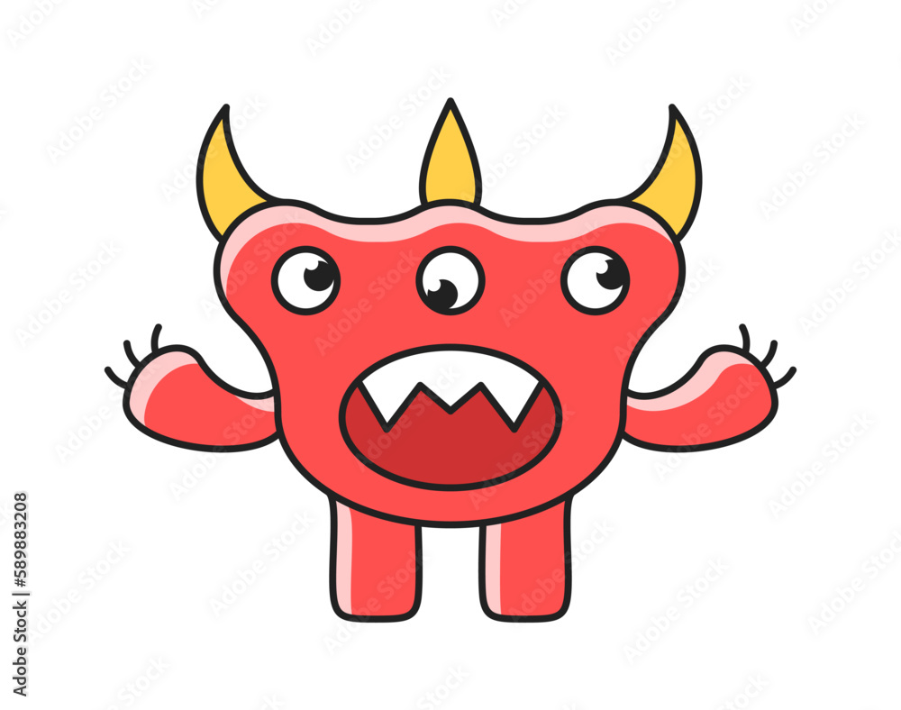 Cute monster icon. Creepy red mutant with sharp fangs, teeth and horns. Crazy spooky alien. Scary funny character. Cartoon flat vector illustration isolated on white background Cute monster icon. Creepy red mutant with sharp fangs, teeth and horns. Crazy spooky alien. Scary funny character. Cartoon flat vector illustration isolated on white background