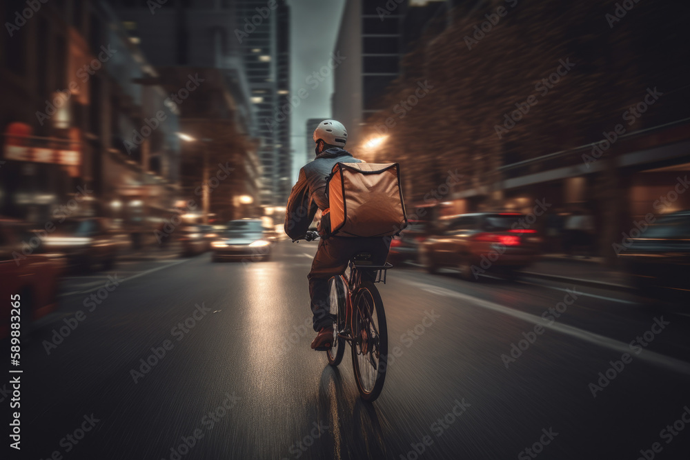 Delivery cyclist navigating through busy streets created with AI Delivery cyclist navigating through busy streets created with AI