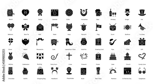St. Patricks Day Glyph Icons Irish Festival Icon Set in Glyph Style 50 Vector Icons in Black