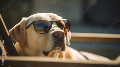 Labrador dog is resting in sunglasses on the street. AI generated