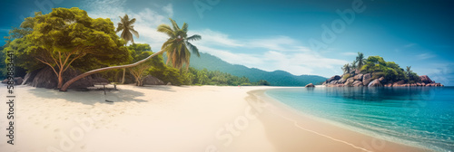 Panoramic view of a tropical beach on an exotic island with white sand and turquoise waters. Sea holiday concept. Wide banner. Generative AI