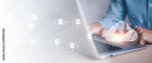 Fényképezés Business people using laptop with cloud computing system , Storage and data transfer Cloud network, Cloud technology