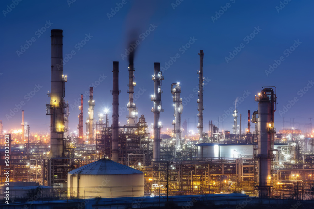 Industrial complex and oil refinery with smokestacks