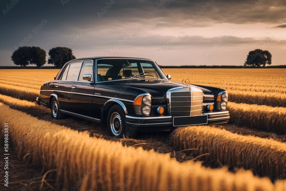Shiny Black Mercedes W107 on a Cornfield with Sleek Rims - obrazy, fototapety, plakaty 