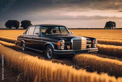 Shiny Black Mercedes W107 on a Cornfield with Sleek Rims photo