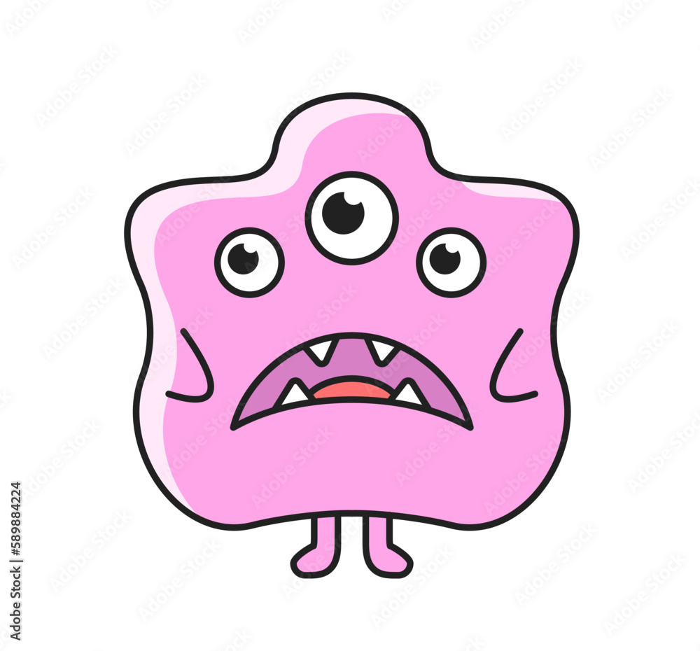 Cute monster icon. Purple surprised mutant. Wavy silhouette of alien creature with sharp teeth and sad expression. Scary funny character. Cartoon flat vector illustration isolated on white background Cute monster icon. Purple surprised mutant. Wavy silhouette of alien creature with sharp teeth and sad expression. Scary funny character. Cartoon flat vector illustration isolated on white background