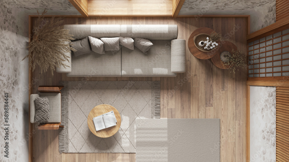 Japandi living room with wallpaper and wooden walls in white and beige tones. Parquet, fabric sofa, carpets and decors. Japanese interior design. Top view, plan, above