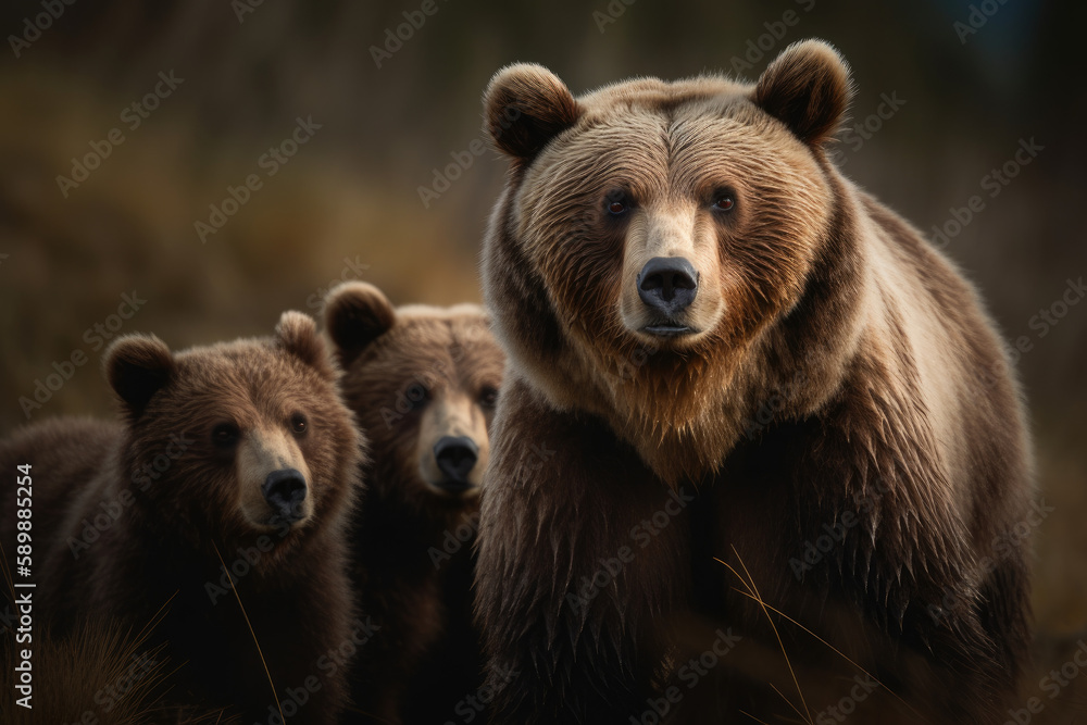 Fierce and protective mother bear with her cubs created with AI