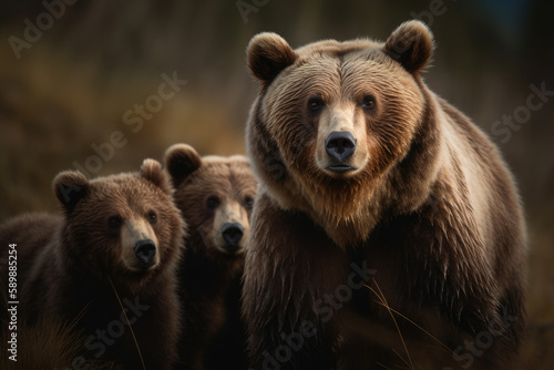 Fierce and protective mother bear with her cubs created with AI