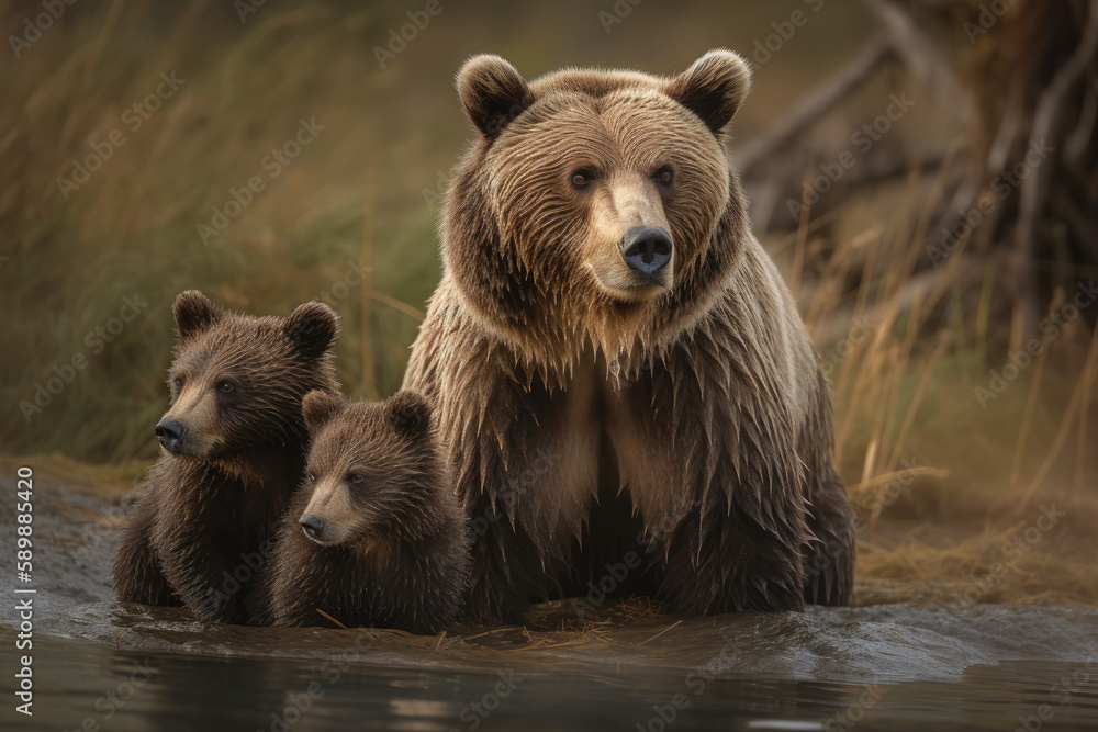 Fierce and protective mother bear with her cubs created with AI Fierce and protective mother bear with her cubs created with AI