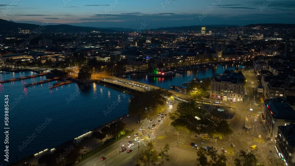 sunset sky zurich city famous walking square lakeside traffic street aerial panorama 4k timelapse switzerland 