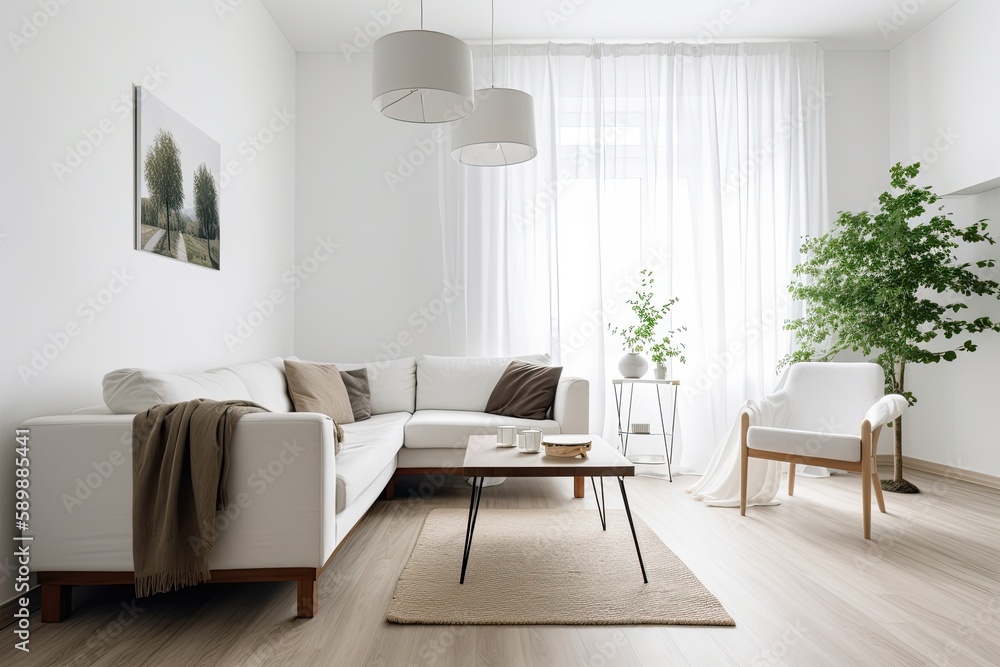 View of modern Mediterranean style interior with sofa. Home staging and minimalism concept - Generative AI View of modern Mediterranean style interior with sofa. Home staging and minimalism concept - Generative AI