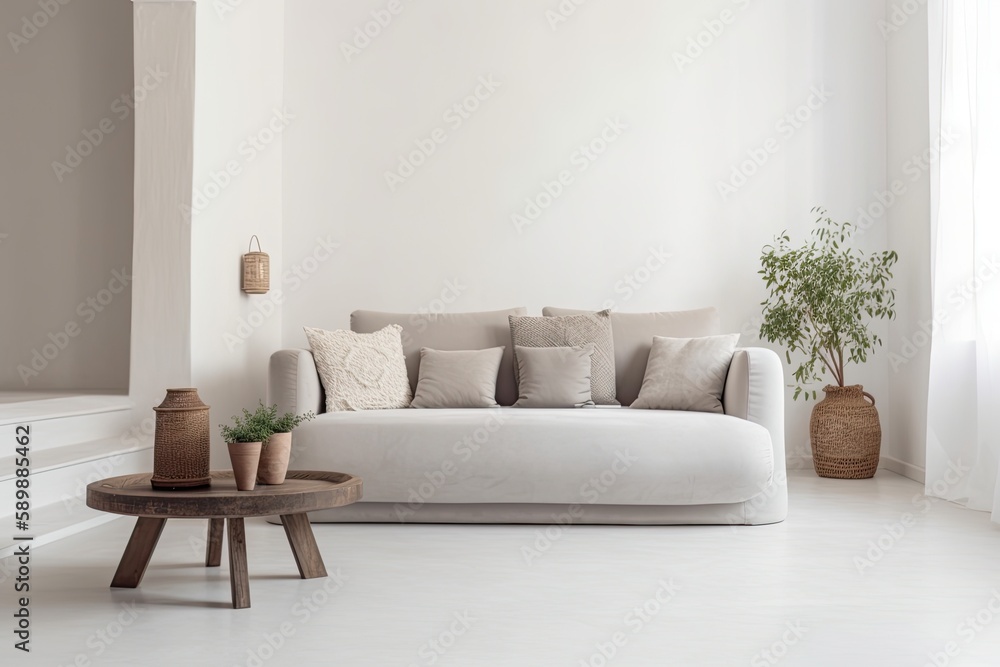 Naklejka premium View of modern Mediterranean style interior with sofa. Home staging and minimalism concept - Generative AI