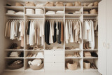 Fresh and organized closet, with clean lines, minimalist colors, and neatly arranged clothes and accessories created with AI