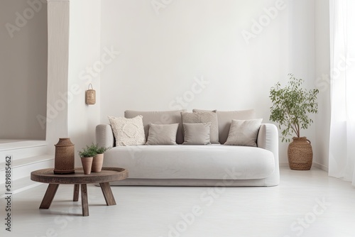 View of modern Mediterranean style interior with sofa. Home staging and minimalism concept - Generative AI