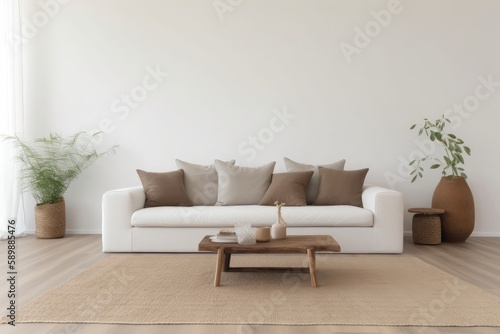 View of modern Mediterranean style interior with sofa. Home staging and minimalism concept - Generative AI © Hanjin