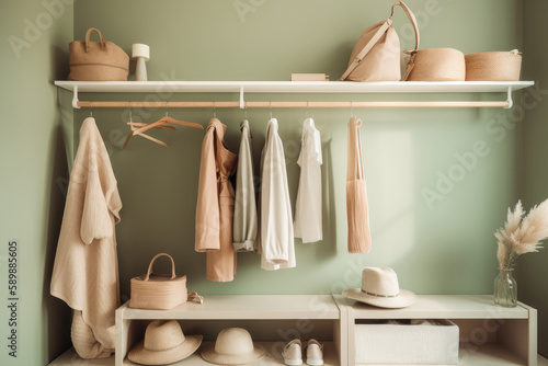 Fresh and organized closet, with clean lines, minimalist colors, and neatly arranged clothes and accessories created with AI © thejokercze
