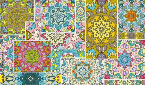 Vector patchwork quilt pattern. Vintage decorative collage. Hand drawn background. Indian, Arabic, Turkish motifs for printing on fabric or paper. Abstract colorful doodle pattern in mosaic style