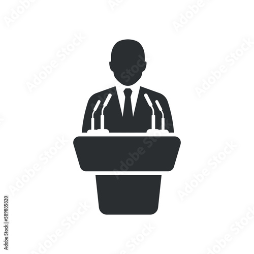 Speaker icon in flat style. Conference podium vector illustration on isolated background. Public speech sign business concept.