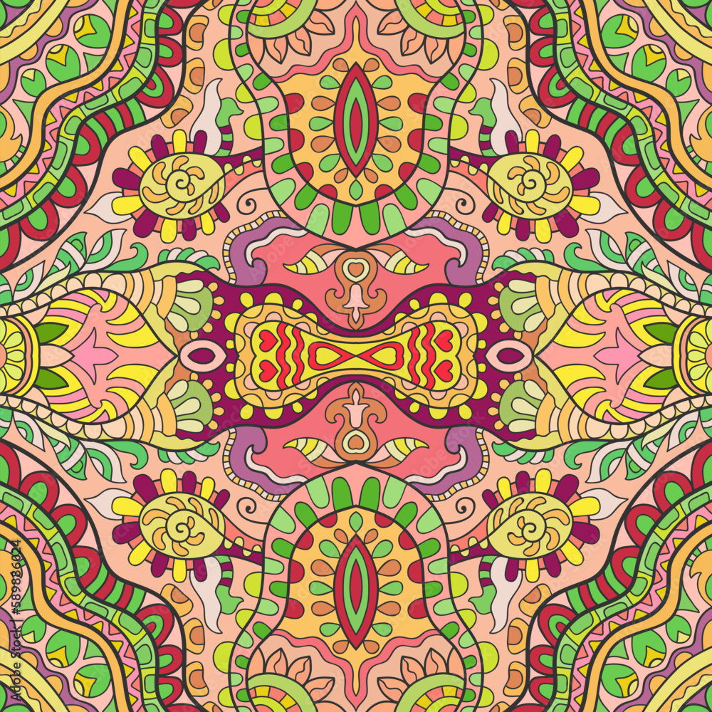 Hand drawn seamless graphic pattern, colorful artistic background with floral and geometric elements. Doodle ethnic mandala ornament for textile fabric, paper print. Surface texture Hand drawn seamless graphic pattern, colorful artistic background with floral and geometric elements. Doodle ethnic mandala ornament for textile fabric, paper print. Surface texture