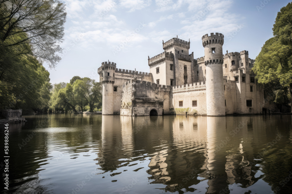 Grand castle with soaring spires and secret passageways, surrounded by a moat created with AI