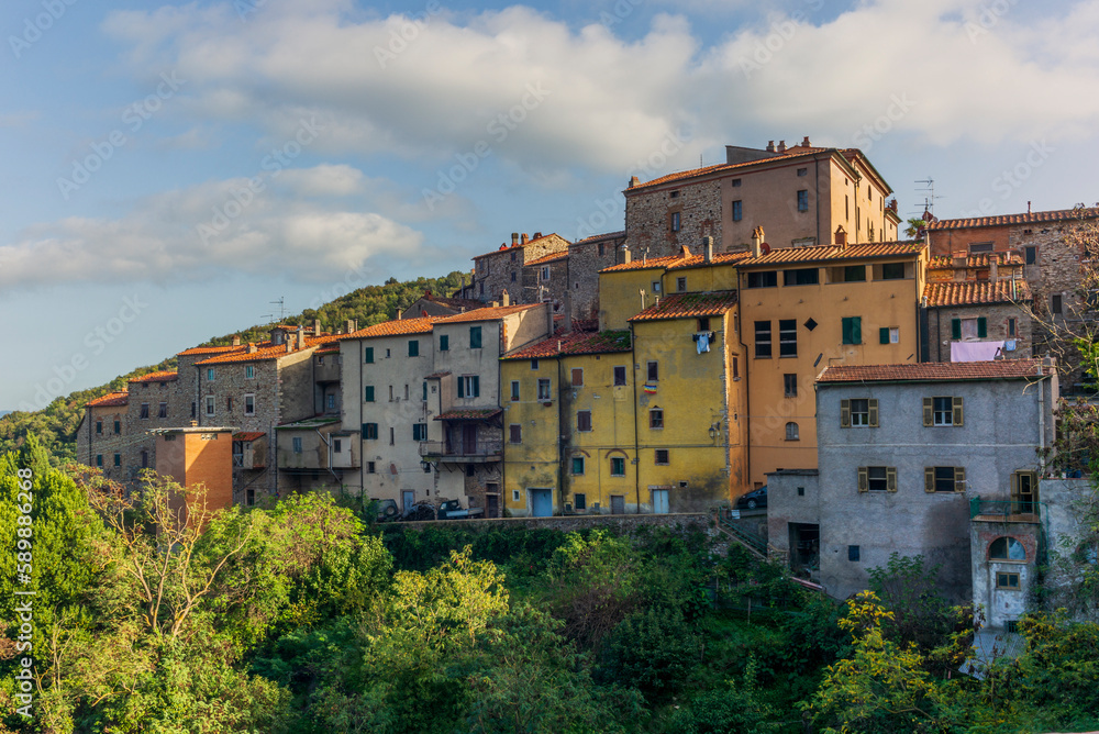 View of the hilly village of Sassetta in Tuscany View of the hilly village of Sassetta in Tuscany
