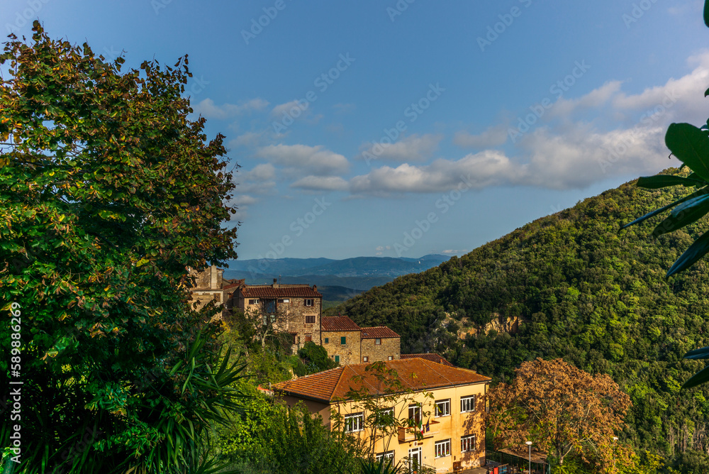 View of the hilly village of Sassetta in Tuscany