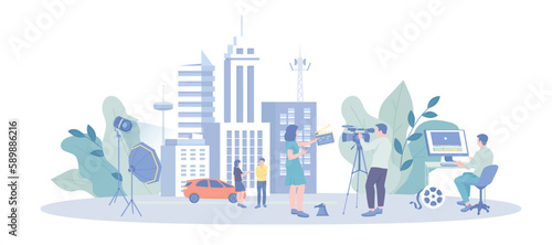 Cinema production industry, recording movie, film making process. Filming location with actors and camera crew. Vector illustration with character situation for web.