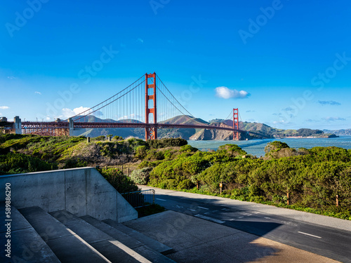 Golden Gate Bridge from above Fort Point near the visitors center. San Francisco, California, USA.