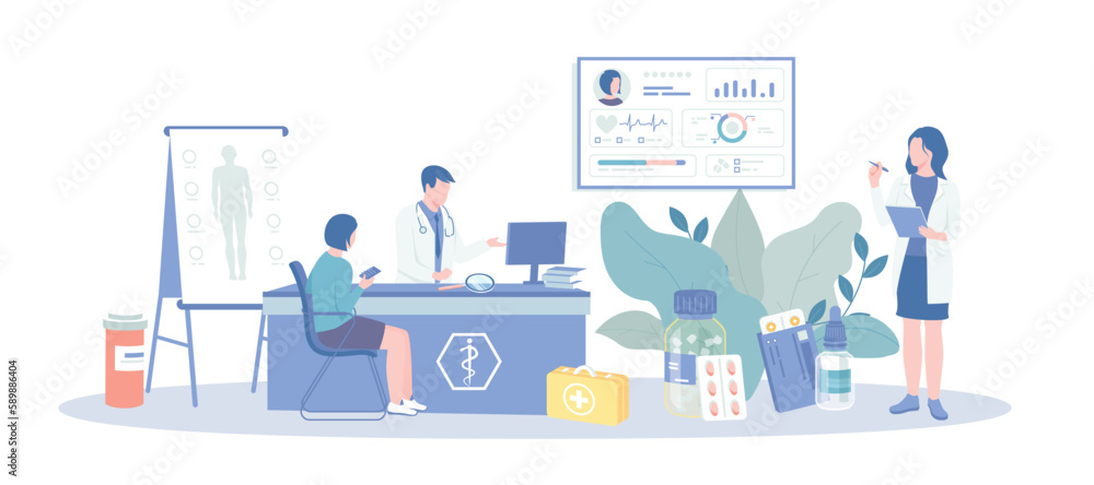 Health Center Medical Clinic. Patient visits medical office. Ambulance, emergency, laboratory, medicine service, healthy lifestyle. Vector illustration with character situation for web.