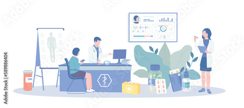 Health Center Medical Clinic. Patient visits medical office. Ambulance, emergency, laboratory, medicine service, healthy lifestyle. Vector illustration with character situation for web.