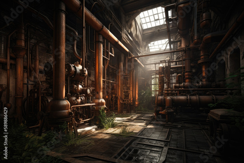 Rusted factory, with pipes, gears, and machinery created with AI