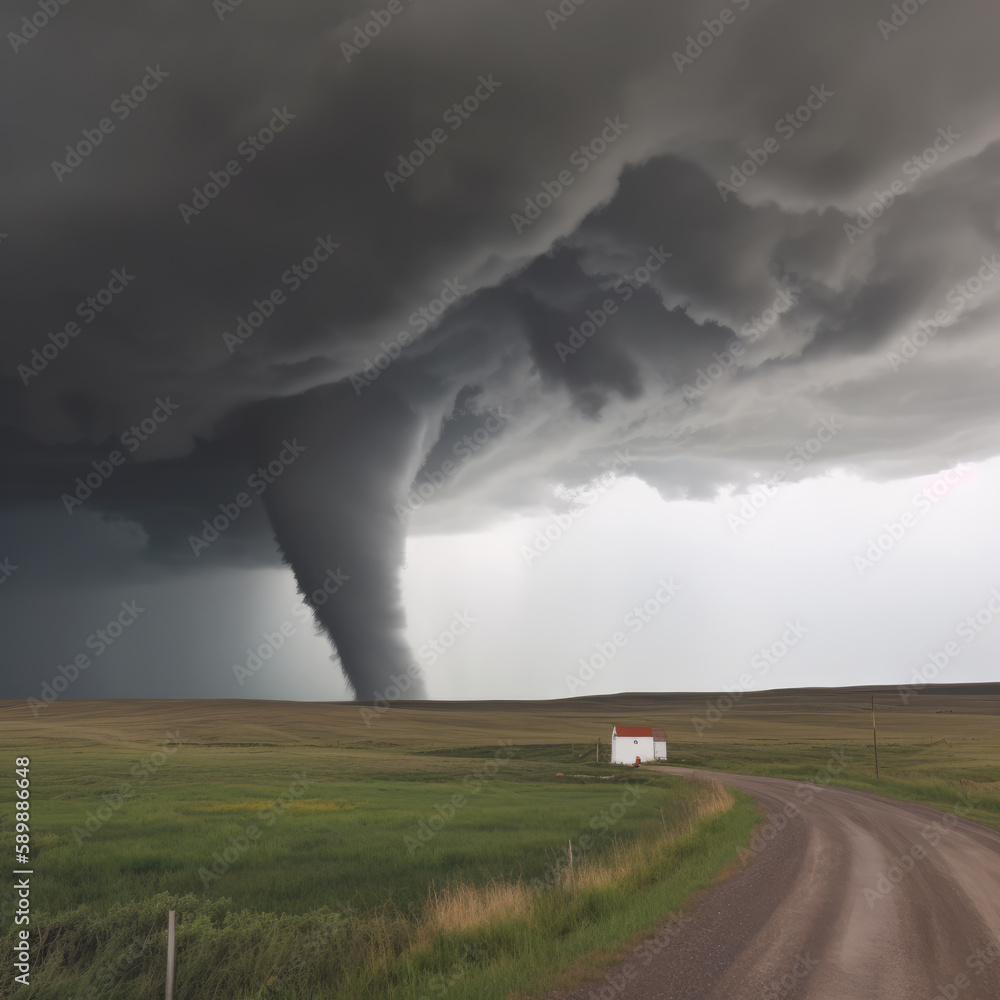 Destructive tornado vortex at open landscape with cloudy sky Destructive tornado vortex at open landscape with cloudy sky