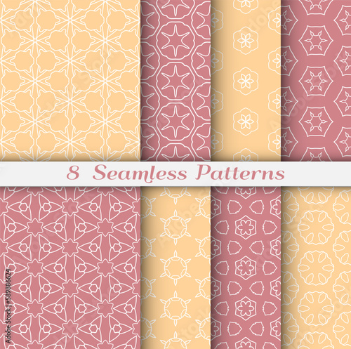 Seamless pattern set in arabic style. Stylish geometric line art white on colorful background. Repeating hexagonal texture for wallpaper, card, invitation, banner, fabric print. Tribal ethnic ornament