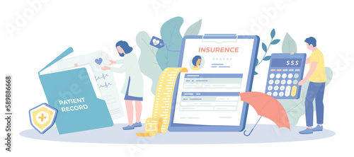 Health Insurance. Healthcare and medical service expenses reimbursement. Insurance policy on clipboard. Filling medical form, health plan. Vector illustration with character situation for web.