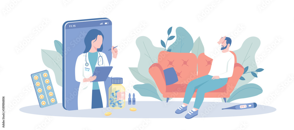 Online Doctor. Medical consultation service. Doctor providing medical services via the Internet. Diagnosis and treatment online. Vector illustration with character situation for web. Online Doctor. Medical consultation service. Doctor providing medical services via the Internet. Diagnosis and treatment online. Vector illustration with character situation for web.