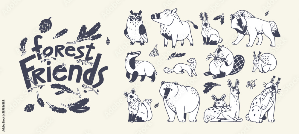 Cute forest animals, outlined set. Contoured wild wood beasts, childish characters. Black and white fox, owl, boar, wolf, lynx, deer, beaver and hare. Kids fauna. Isolated flat vector illustrations