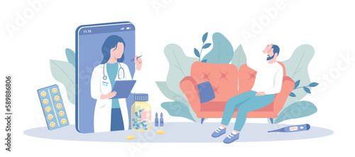 Online Doctor. Medical consultation service. Doctor providing medical services via the Internet. Diagnosis and treatment online. Vector illustration with character situation for web.